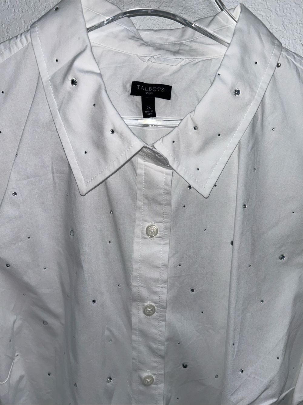 Talbots Plus Rhinestones on White Cotton Long-Sleeve Button-Down Shirt 2X EUC